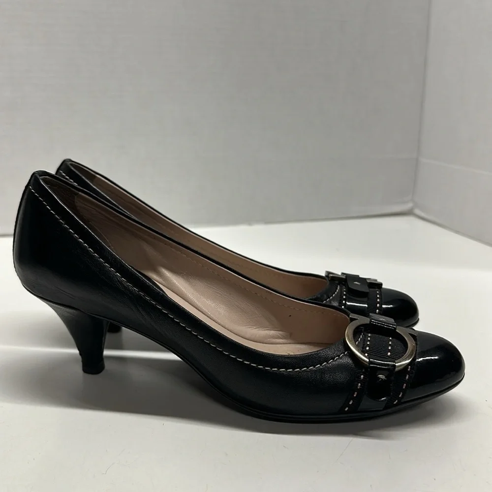 Salvatore Ferragamo Heels Low Heel Pump Shoes Ganici Bit Black Silver Size 6 B